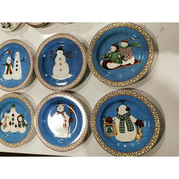 8 SAKURA Debbie Mumm SNOWMAN Salad Plates Christmas 8.25" - Picture 2 of 6